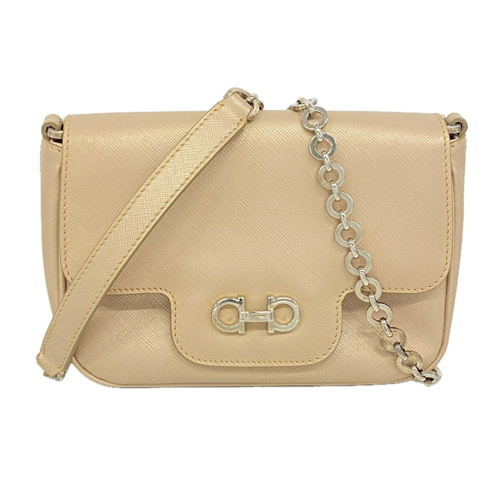 Salvatore Ferragamo Gancini Leather Shoulder Bag, Beige, Women's